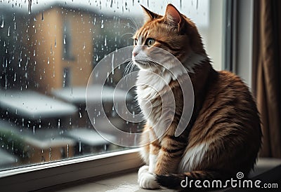 Lonely kitten sits on window sill. Generative AI Stock Photo