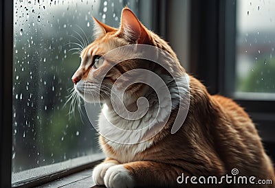 Lonely kitten sits on window sill. Generative AI Stock Photo