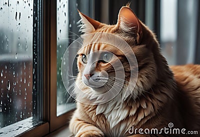 Lonely kitten sits on window sill. Generative AI Stock Photo