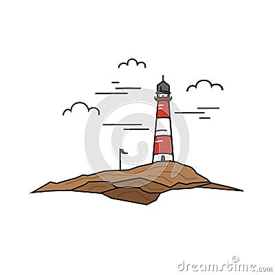 Lonely lighthouse on a background of rock and sky. Travel concept. Vector Illustration