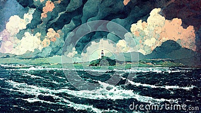 a lonely lighthouse in the big wide ocean, concept art, ai generated image Cartoon Illustration