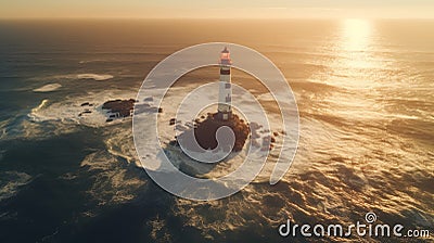 Lonely lighthouse hit by waves in the ocean on sunny day at dusk Stock Photo