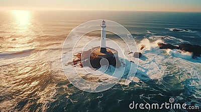 Lonely lighthouse hit by waves in the ocean on sunny day at dusk Stock Photo