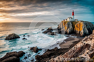 A lonely lighthouse surrounded by houses stands on a steep rocky cliff Stock Photo