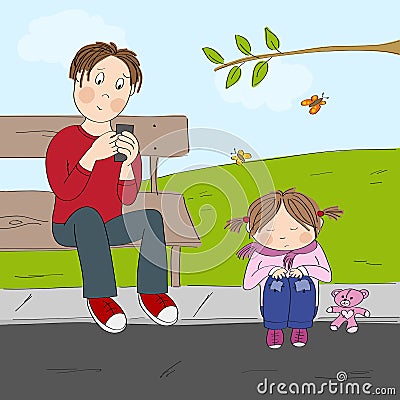 Lonely little girl, unhappy and unnoticed, wants to play with his father who is looking to his smartphone Vector Illustration