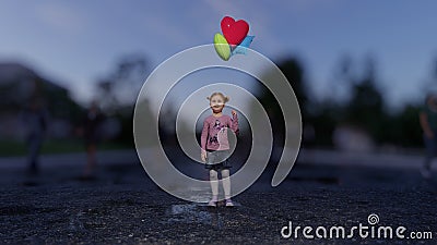 A lonely lost little girl stands in the middle of a walking crowd in the evening with balloons. View of the little lost Stock Photo