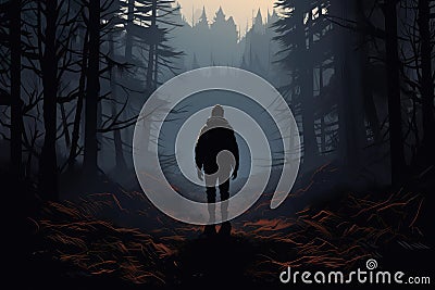 lonely lost person in dark forest landscape AI generated Cartoon Illustration