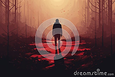 lonely lost person in dramatic forest landscape AI generated Cartoon Illustration