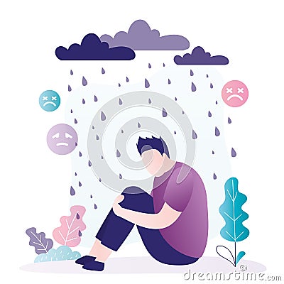 Lonely male character sitting in heavy rain. Man experiences different negative emotions due to problems or stress Vector Illustration