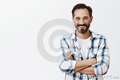 Lonely male farmer seeking woman to merry her, posting picture in social media. Portrait of happy handsome man with Stock Photo