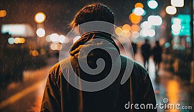 Lonely man standing in the rain. Night city street Stock Photo