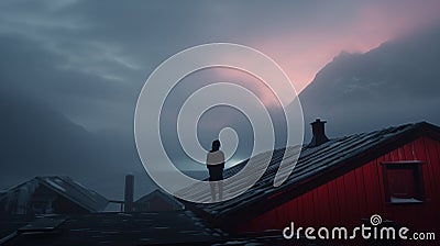 Lonely man standing on the roof of a house at the seaside, looking at a dark, cold, foggy landscape. Generative AI Stock Photo