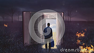 Man walking through open bible Stock Photo