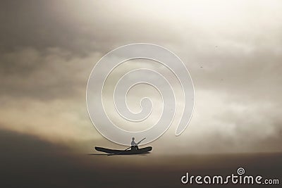 Lonely man travels on a canoe among unspoiled nature Stock Photo