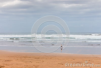 Lonely man walk on seashore on cloudy day. Huge wave on the beach with tourist. Panoramic seascape. Autumn on the coast, Spain. Cartoon Illustration