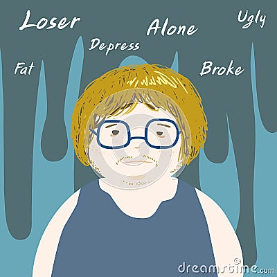 Lonely negative thinking man cartoon Vector Illustration