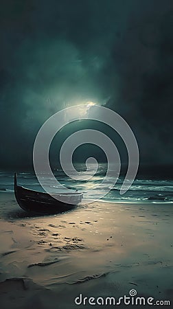 Lonely Nights on the Boat Beach: A Digital Painting of Solemn Se Stock Photo
