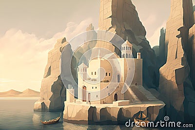 A Lonely old Castle On a White Cliff in Sea, Cycladic Castle, Fabulous Citadel, Abstract Generative AI Illustration Stock Photo