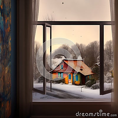 Lonely old cyborg looks out the window at the first winter snow, back view. Stock Photo