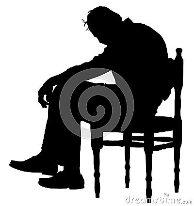 Lonely old man sitting on chair in vector silhouette illustration. Worried senior person. Desperate retiree looking down. Cartoon Illustration