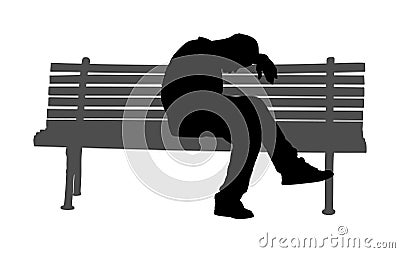 Lonely old tired man sitting and sleeping on bench in park vector silhouette. Worried senior person. Desperate retiree. Daydream. Stock Photo