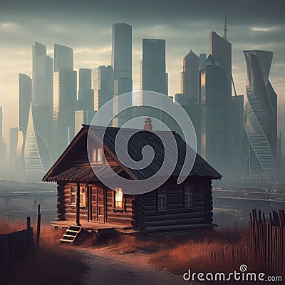 A lonely old, wooden house against the backdrop of a large metropolis Stock Photo