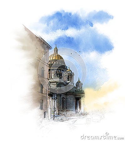 Beautiful architectural roof of the old house, St. Petersburg, Russia. Architectural watercolor sketch Stock Photo