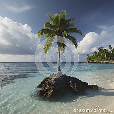 Lonely palm tree on the small island. AI-Generated. Stock Photo