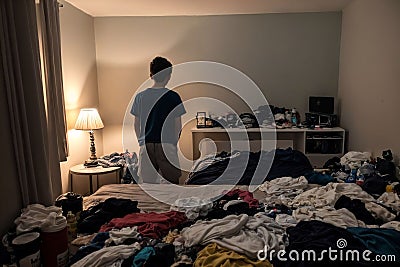 A lonely person inside a small dirty room full of rubbish, laundry and dirt. Withdrawal from society. Stock Photo