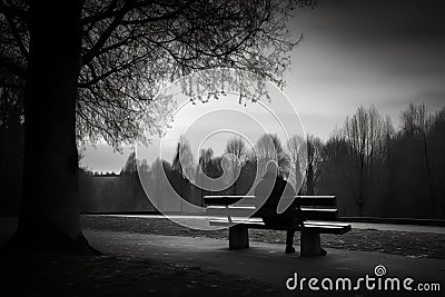 A lonely person sitting on a bench in a park. AI generative image. Stock Photo
