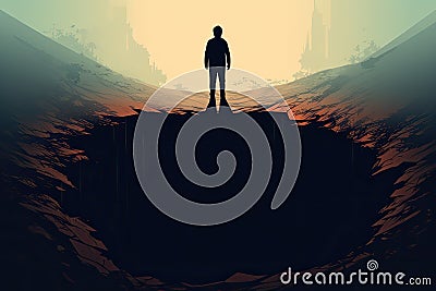 lonely person stand in front of deep hole in ground AI generated Cartoon Illustration