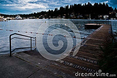 The Lonely Pier At The Swimming Lanes At Meydenbauer Beach Park In Bellevue After Hour After Dark Stock Photo