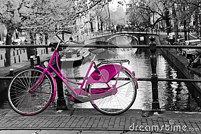 Lonely pink bike in Amsterdam Stock Photo