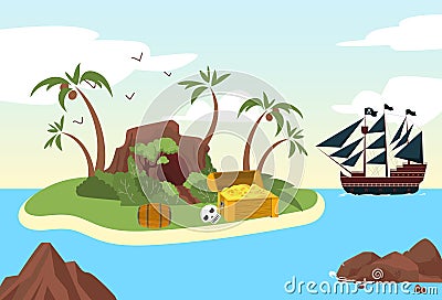 Lonely pirate harbour ocean sea, ship raider moored isle, gold money treasure island, bandit shelter flat vector Vector Illustration