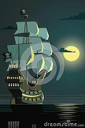 Lonely pirate ship on a night open sea Cartoon Illustration
