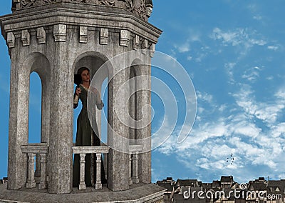 Lonely Princess Looking Mirror Tower Illustration Stock Photo
