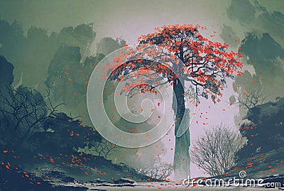 Lonely red autumn tree winter forest Stock Photo