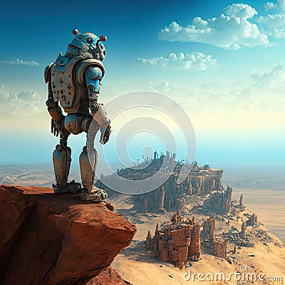 Lonely robot looking at the city far away on the horizon. Retro futuristic robot or androing on the cliff. Generative AI Stock Photo