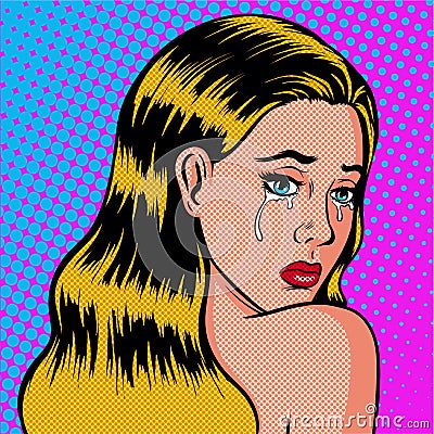 Lonely and sad girl is crying pop art. The daughter mourns. Cartoon Illustration