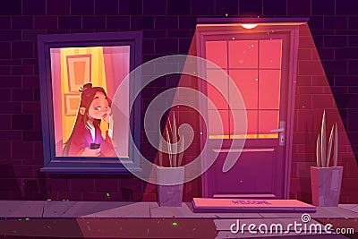 Lonely sad girl sitting alone at window with phone Vector Illustration