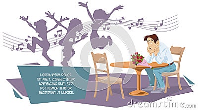 Lonely sad man at fun party. Funny people Vector Illustration