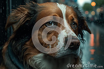 lonely sad stray dog on street at night in rain. Generative AI Stock Photo