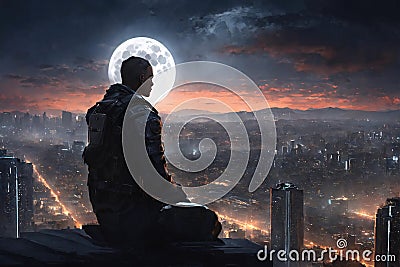 Lonely saddened man sits on the parapet of the roof of a skyscraper in the night city Stock Photo