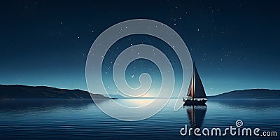 A lonely sailing boat floating in the ocean at night. Minimalist sailing background. Stock Photo