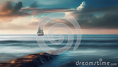 A lonely sailing ship in the ocean. Landscape AI generated Stock Photo
