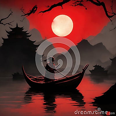 Lonely samurai sailing on a boat Stock Photo