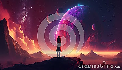 a lonely scifi girl standing on top of a hill watching the unknown galaxy, generative ai technology Stock Photo