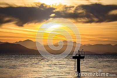 Lonely seagull rests on airport light pole Stock Photo