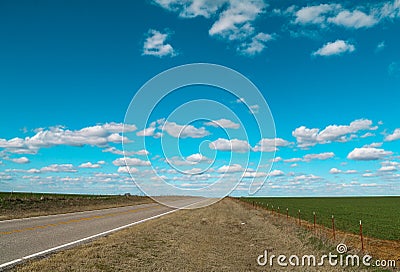 Lonely single road highway with fields on sides leading into the horizon and blue sky with white puffy clouds Stock Photo