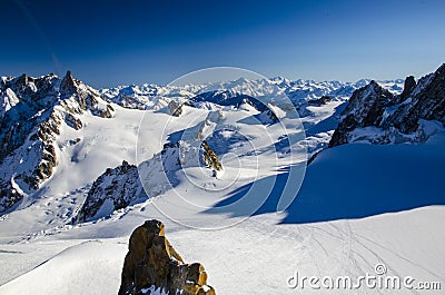 Lonely ski slope in the top of french Alps. Best place for skiing in Chamonix Mont Blanc. Stock Photo